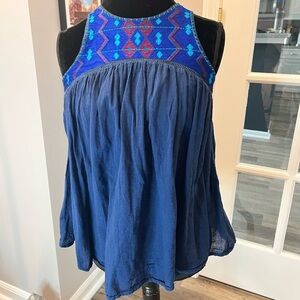 Pim + Larkin Blue Embroidered cotton Blouse size S EUC